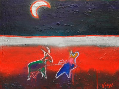 Local traditions, 2012, enamel, sealant foam, spray paint, acrylic, oil stick on canvas, 150x200cm (59x78in)