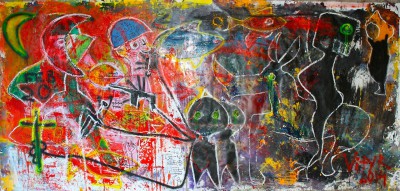 Molotov moon, 2014, acrylic, oil stick, enamel, spray paint on canvas, 200X500cm (78x197in)