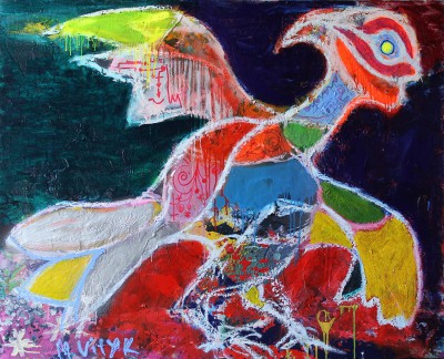 Smiling bird, 2013, acrylic, enamel, spray paint, oil bar, 120X150cm (47x59in)