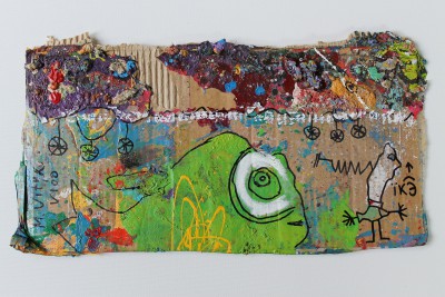 V100, 2014, acrylic, enamel, spray paint, oil bar and permanent marker on carton, 23X42cm (9x16.5in)