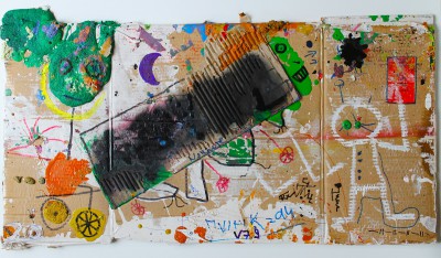 V79, 2014, enamel, acrylic, permanent marker, oil bar on carton, 84X42cm (33x16.5in)