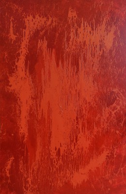 Red Energy, 2013, enamel on canvas, 300x200cm (118x78in). Reflecting the energy of Transformation, this painting is radiates warmth and light. In ancient Indian philosophy, red is the color of the Fire element - victory, excitement and passion. In energy, this Fire element is represented by electricity and fire. Geologists use red to indicate oil or gas.