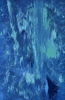 Blue Energy, 2013, enamel on canvas, 300x200cm (118x78in). The energy of Water and Air is reflected in the blues of this work: from sky to aqua to ocean and the deep indigo of the crown chakra. Blue can represent a variety of things, much like the elements of Water and Air: liquid or dry, heavy or light. Blue is associated with renewable energy (water and wind), clear skies and healing waters.