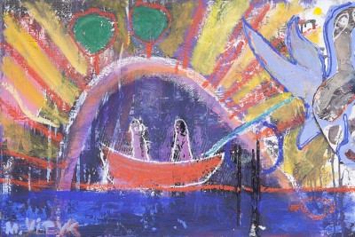 Sun rise with red boat and blue bird, 2011, enamel, spray paint, acrylic, oil stick on paper and canvas, 80x120cm (31.5x47in)