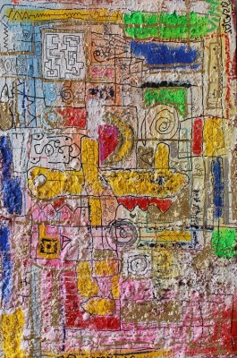 Blue Vase, 2016, acrylic, enamel, foam, spray paint, pen, oil bar on canvas 100X150cm (39x59in). Photo will be provided later. 